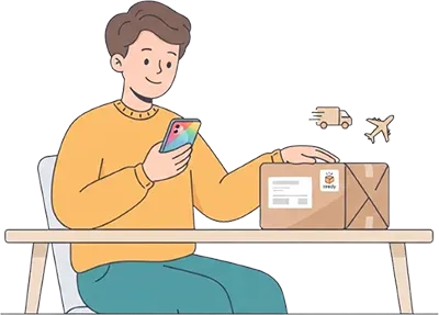 Illustration of someone relaxed, checking their phone next to a sealed parcel ready for delivery