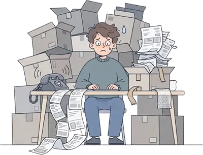Illustration of someone overwhelmed by boxes, receipts and a ringing phone
