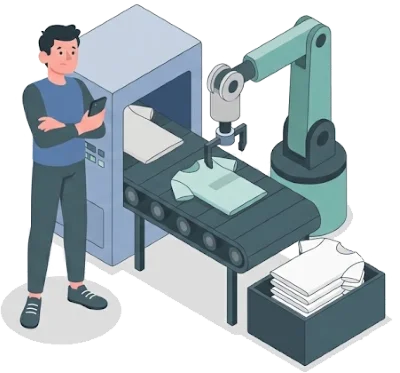 Illustration of someone disengaged, checking their phone next to an automated printer producing identical blank t-shirts
